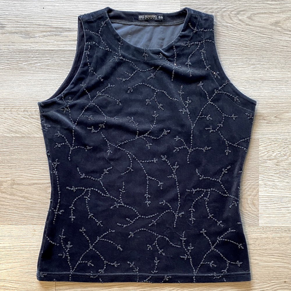 Holt Renfrew Beaded Sleeveless Top Black Overlay Evening Tank